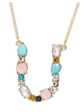 Large Initial Letter "U" Name Multi Color Rhinestone Gold Tone Necklace